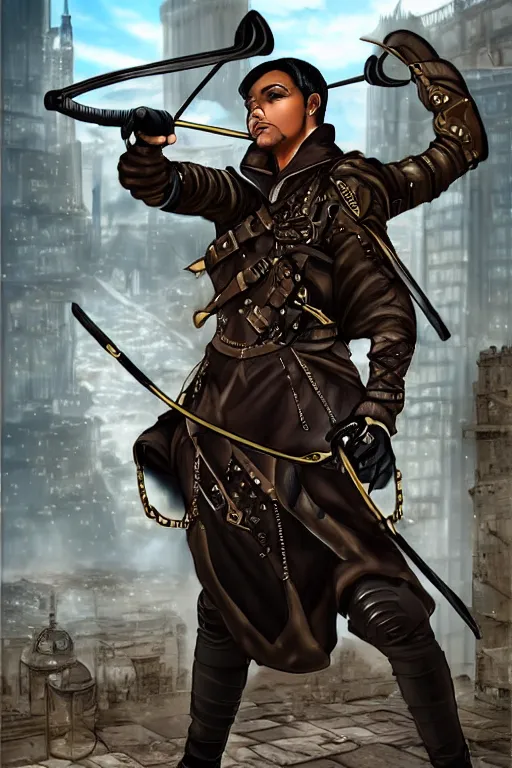 Prompt: Full body Picture of a Male archer, steampunk, black leahter gloves, leather duffle coat, marked muscles, brown skin, light blue hair, brown eyes, detailed face, combat stance, black denim pants, intrincate clothing, hi-tech longbow, metallic arrows, urban jungle, epic fantasy, city in the background, steampunk, D&D, by artgerm and Craig Mullins, James Jean, Andrey Ryabovichev, Mark Simonetti, Genzoman, and Peter Morbacher, matte painting, trending on artstation, artstationHD, artstationHQ, octane, full HD, 16K