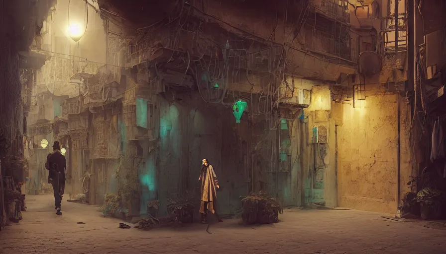 Prompt: old jeddah city alley, roshan, shops, magical glowing time portal, a nomad wearing a worn out coat, plants, kids, dramatic lighting sci fi, by caspar david friedrich by beeple and james gilleard and justin gerard, centered, artstation, smooth, sharp focus, photoreal octane render, 3 d, by jean baptiste monge