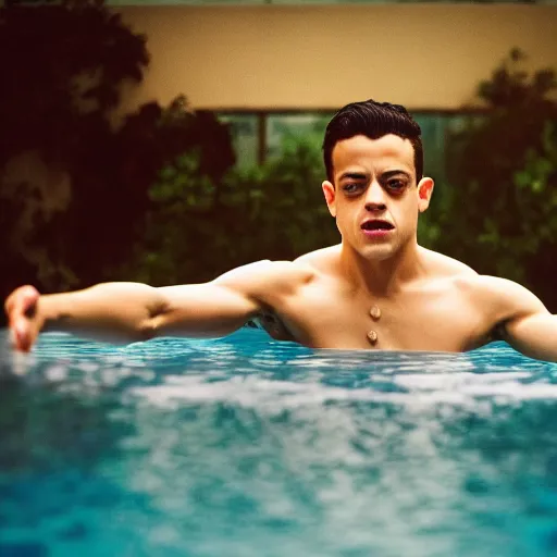 Image similar to rami malek diving in a pool, 3 5 mm lens, photography, depth of field, 8 k,