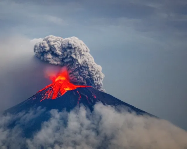 Image similar to 4 k hd, high resolution photograph of volcano eruption, full colour, shot with sigma f / 4. 2, 2 5 0 mm sharp lens, wide shot, high level texture render