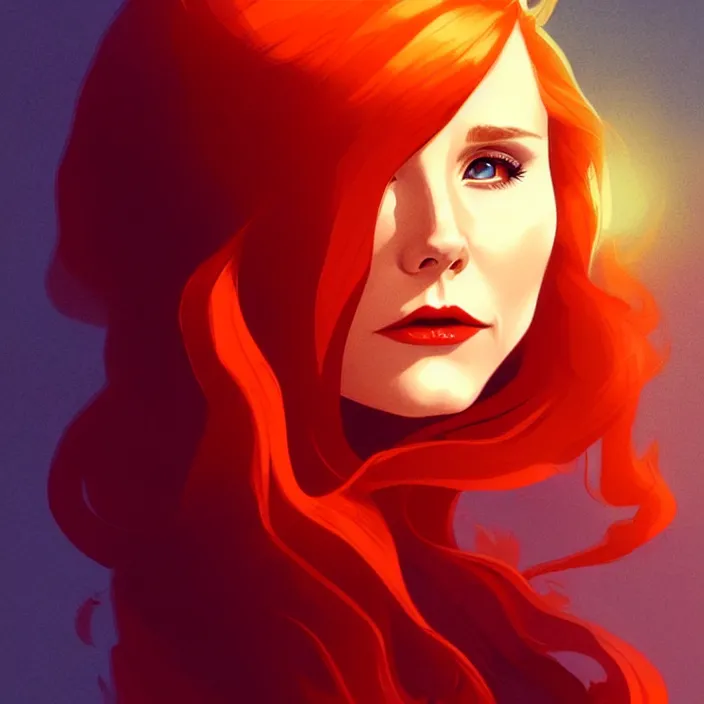 Image similar to style artgerm, joshua middleton, beautiful kristen bell with dark red dress, very long orange hair, symmetrical face, symmetrical eyes, fire powers fire swirling, detailed, volcano setting, [ potato ] cinematic lighting