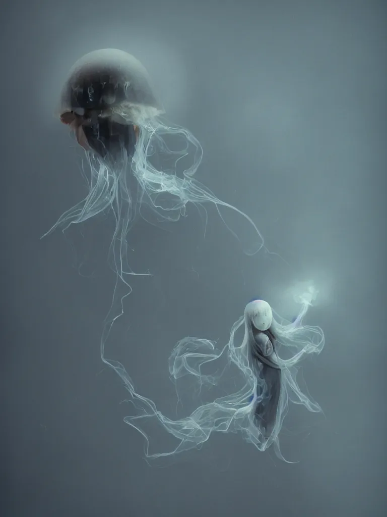 Image similar to cute fumo chibi plush beautiful ectoplasmic gothic skeletal jellyfish ghost girl, glowing milky wisps of hazy smoke and volumetric fog, lens flare, subsurface scattering, vignette, asymmetry, bokeh, refraction, vray