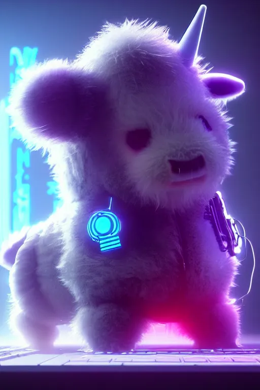 Image similar to high quality 3 d render very cute neuromancer fluffy! mutant cow playing! keyboard!!, highly detailed, unreal engine cinematic smooth, in the style of blade runner & detective pikachu, hannah yata charlie immer, moody light, low angle, uhd 8 k, sharp focus
