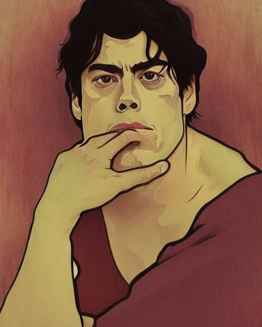 Prompt: a portrait painting of ( ( ( benicio del toro ) ) ) in the style of alphonse mucha!!!