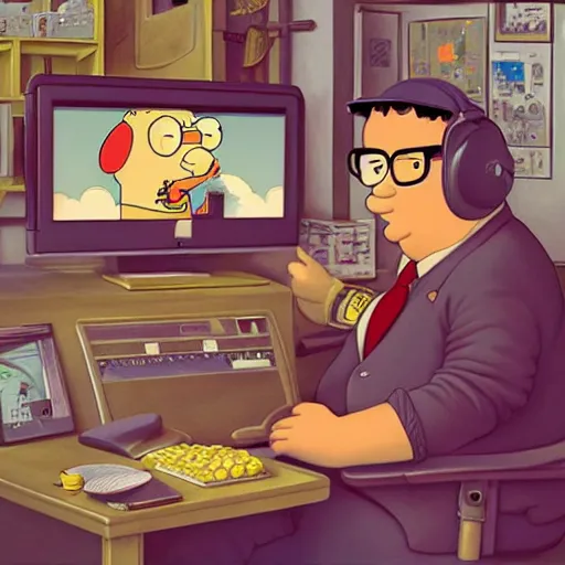 Prompt: Lofi peter griffen from family guy with computer and corn, Pixar style, Tristan Eaton, Stanley Artgerm, Tom Bagshaw