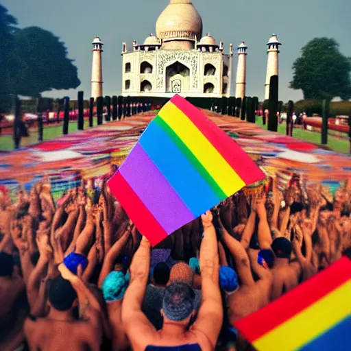 Image similar to photo of crowd of men with rainbow flags dancing at ( ( ( ( taj mahal ) ) ) ), well framed, sharp focus, 8 k, beautiful, award winning photo, highly detailed, intricate, centered