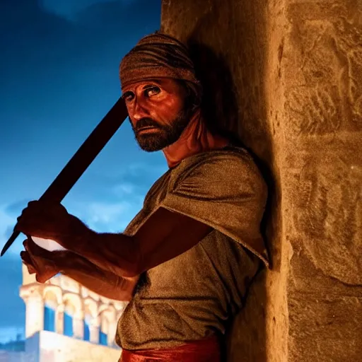 Prompt: award winning cinematic still of nighttime with 40 year old Mediterranean skinned man in Ancient Canaanite clothing fixing a ruined, crumbled wall in Jerusalem, holding a sword and a chisel, dramatic lighting, nighttime, strong shadows, bright red hues, directed by Michael Bay