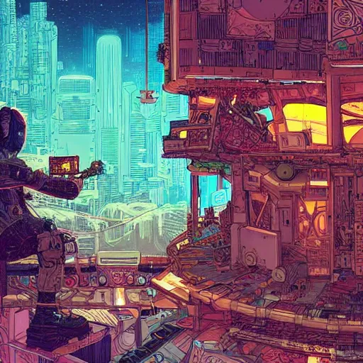 Image similar to Stunningly intricate illustration of a cyberpunk explorer playing video games in his treehouse, highly detailed, midnight, by Victo Ngai and James Gilleard , Moebius, Laurie Greasley