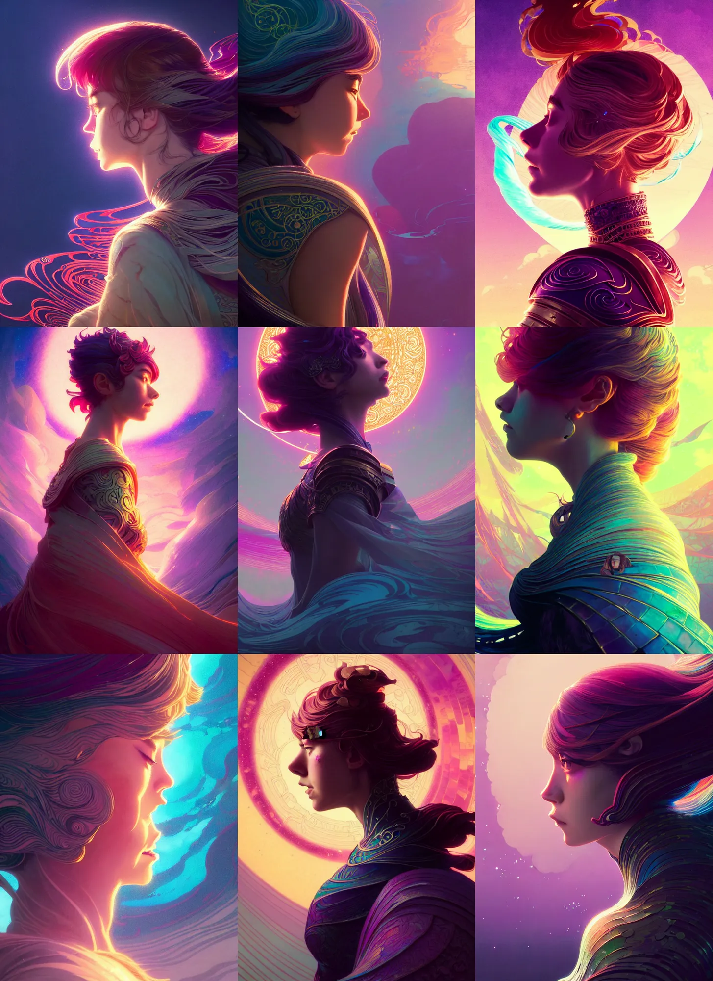 Prompt: side portrait, imogen poots, paladin, gloomhaven, octane render, colorful swirly ripples, gaudy colors, unreal engine, anime, tarot, art nouveau, illustration concept art, by victo ngai, fanbox, greg rutkowski, makoto shinkai, mucha, studio ghibli