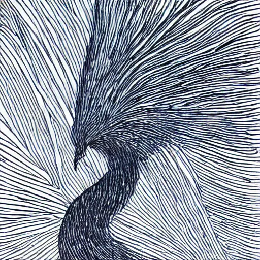 Image similar to single line drawing of a phoenix, blue ink pen