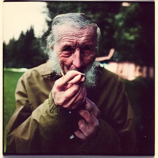 Image similar to polaroid of an old russian man holding a cigarette between 2 fingers, summer 1 9 9 6