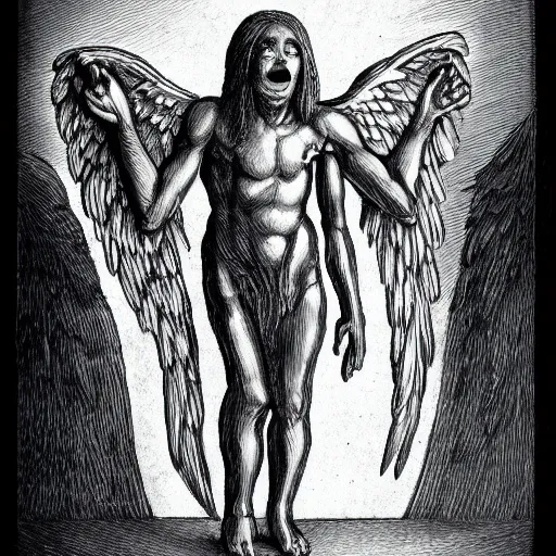 Image similar to humanoid with left half angelic wing and right half demonic wing, arms crossed in a dungeon