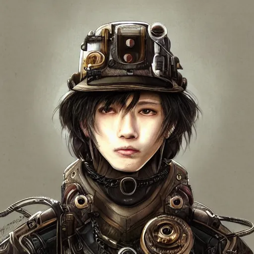 Image similar to portrait of a man by ayami kojima, japanese, he is about 2 0 years old, black short hair with bangs, he is wearing a steampunk tactical gear, highly detailed portrait, digital painting, artstation, concept art, smooth, sharp foccus ilustration, artstation hq