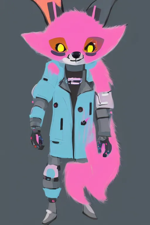 Image similar to a cute cyberpunk anthropomorphic fox with pink fur and blue eyes and a fluffy tail, comic art, trending on furaffinity, cartoon, kawaii, backlighting, furry art!!!, cel shading, concept art, lineless