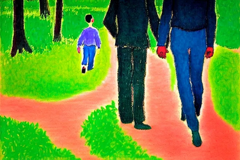 Image similar to a very tall man named John with dark hair holding the hands of a short young boy named Alex with dark hair as they walk in a park on a bright beautiful colorful day. part in the style of an edgar degas painting. part in the style of david hockney