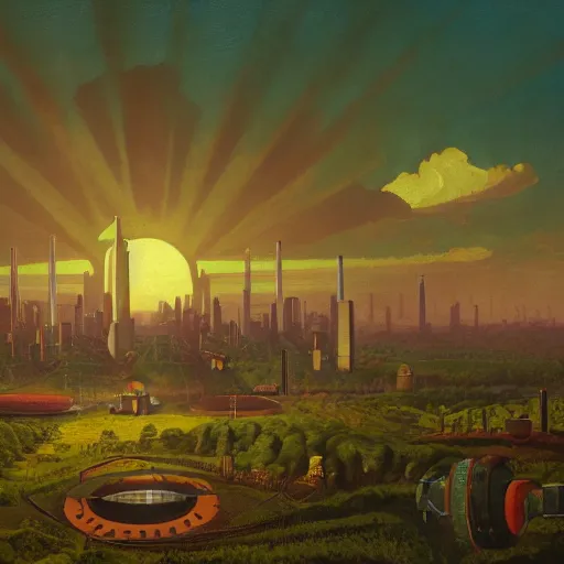 Prompt: An atompunk city with the sun shining through the clouds,in utopia by Simon Stålenhag In style of Grant Wood.hyper detailed,8K Resolution.oil on canvas
