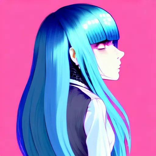 Prompt: low - angle shot from behind of a long light blue - haired girl in a blue tailcoat with a scabbard, combat boots, noir, screenshot, sharp focus, intricate, illustration, cell shaded, digital painting, highly detailed, straight hair, art by ilya kuvshinov, wlop, shutterstock, greg rutkowski, studio quality, james jean