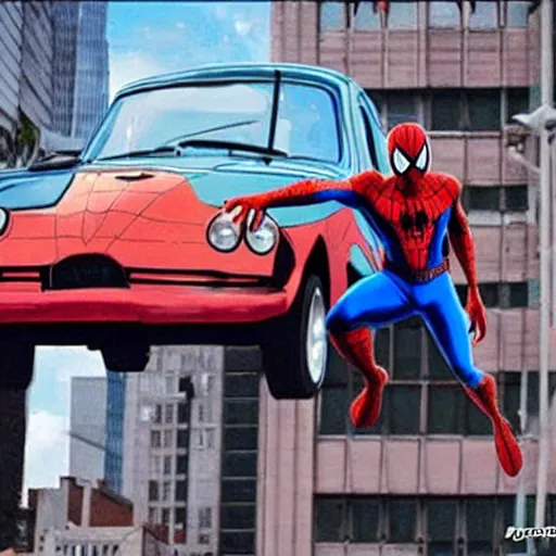 Image similar to Spiderman lift up a car, realistic photo