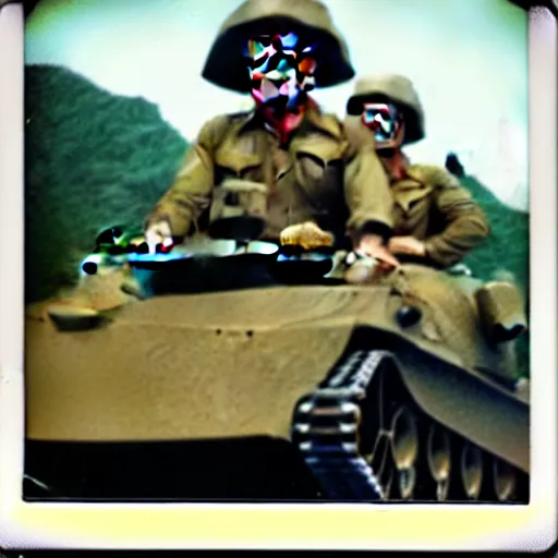 Prompt: polaroid photo of a person looking like donald trump as a soldier in vietnam, riding tank