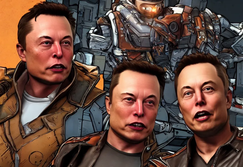 Image similar to elon musk in borderlands elon musk in the video game borderlands, gameplay screenshot, close up, 3 d rendering. unreal engine. amazing likeness. very detailed.