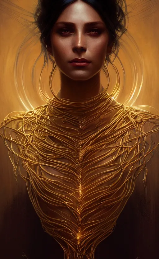 Image similar to portrait of a dark goddess, gold wires, visible veins, intricate, headshot, highly detailed, digital painting, artstation, concept art, sharp focus, cinematic lighting, illustration, art by artgerm and greg rutkowski, alphonse mucha, cgsociety