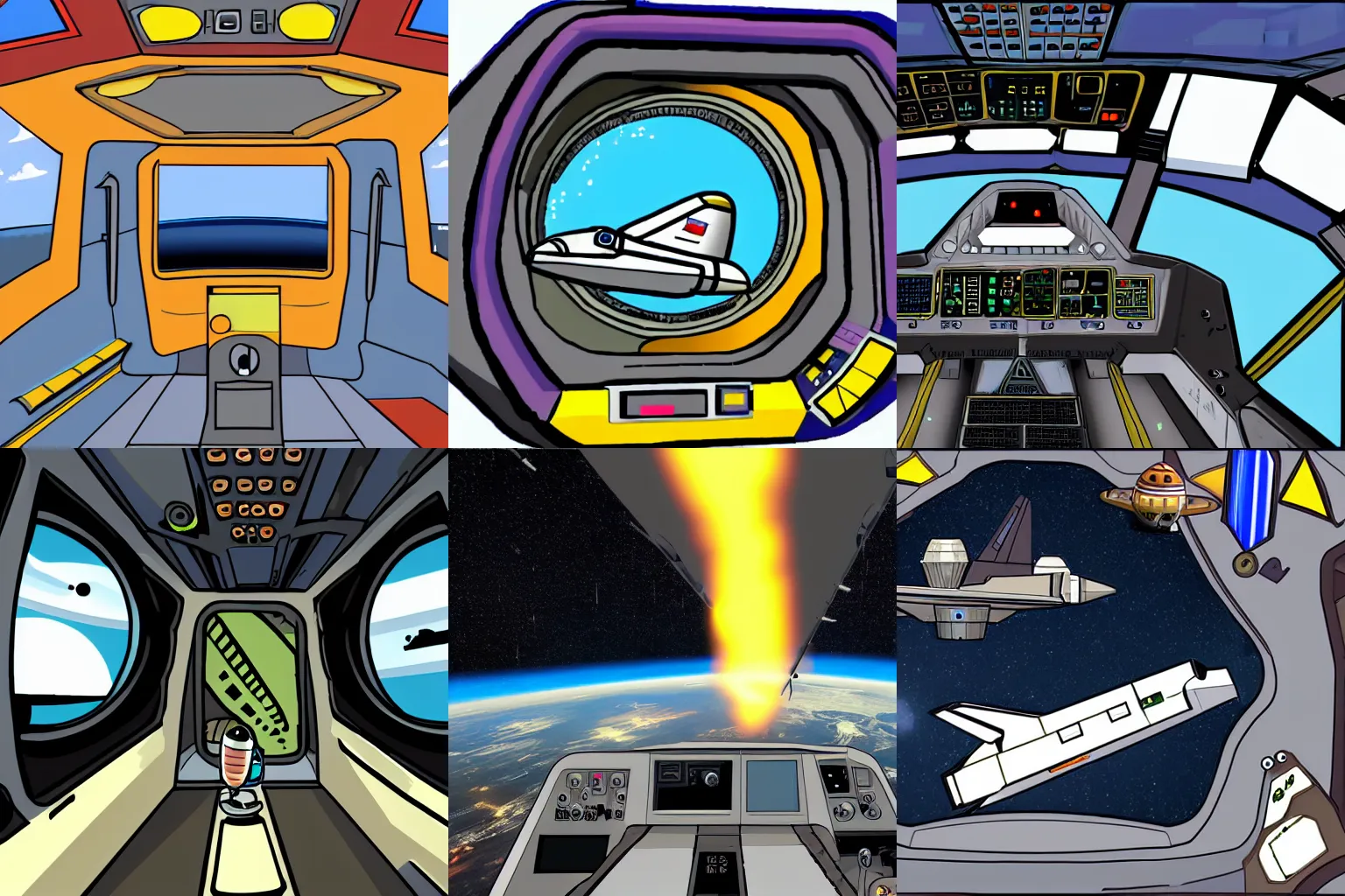 Prompt: view from the cockpit of a small space shuttle, from a space themed Serria point and click 2D graphic adventure game, high quality cartoon style graphics