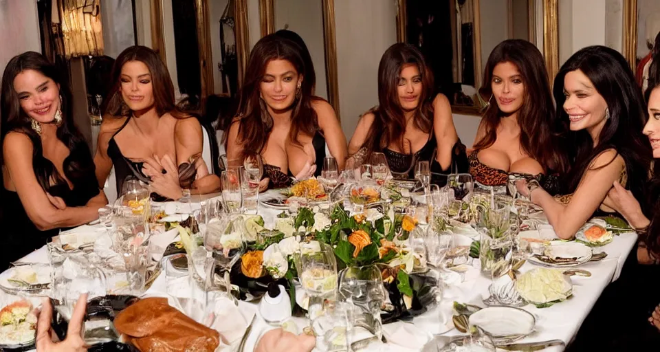 Image similar to candid group photo of sofia vergara and salma hayek and penelope cruz and catherine zeta jones and eva mendes, sitting around a long table at a dinner, laughing