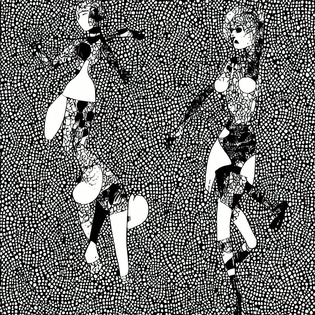 Image similar to woman, abstract, jet set radio artwork, ryuta ueda artwork, hylics artwork, ink, asymmetry, stipple, lines, stippling, crosshatching, linework, dark, ominous, eerie, hearts, minimal, points, technical, natsumi mukai artwrok, tight