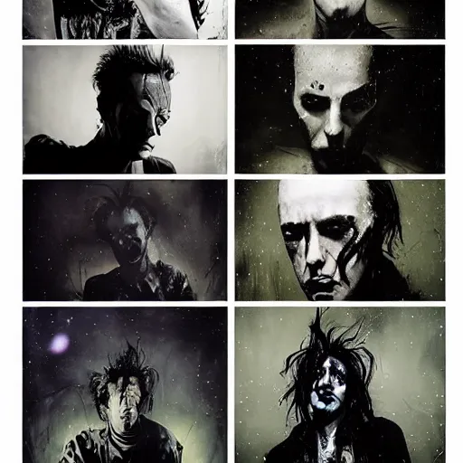 Prompt: stunning portrait of gaunt joe strummer a ( the cure fan ) as dream from sandman, dim stars as eyes, by jeremy mann, by cedric peyravernay, by by russ mills, by richard avedon and ben templesmith, dramatic lightning, sadness, dark eye sockets, in the shadows, punk rock, gothic, high detailed, 8 k