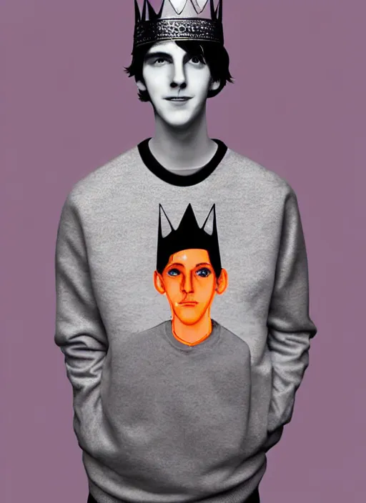 Image similar to portrait of teenage jughead jones wearing a light grey crown, symmetrical crown, sweater with picture of hamburger, eyes closed, crown, black hair, orange, intricate, elegant, glowing lights, warm lighting, highly detailed, digital painting, artstation, concept art, smooth, sharp focus, illustration, art by wlop, mars ravelo and greg rutkowski