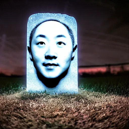 Image similar to a headstone with justin sun hologram, by annie leibovitz, shallow depth of field, cinematic lighting, dystopian futurism