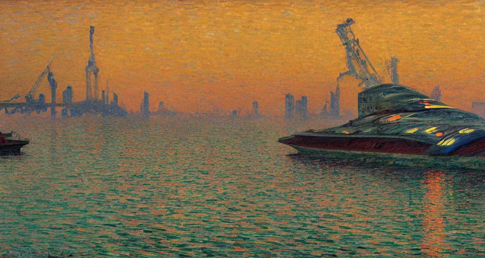 Prompt: detailed close - up of a side view full shot of a spacepunk futuristic neon robotic cyberpunk steamboat in the senna river, people waving, impressionism, oil on canvas, natural colors, horizon, golden hour, masterpiece, detailed, by gustave caillebotte, wlop, mucha, greg rutkowski