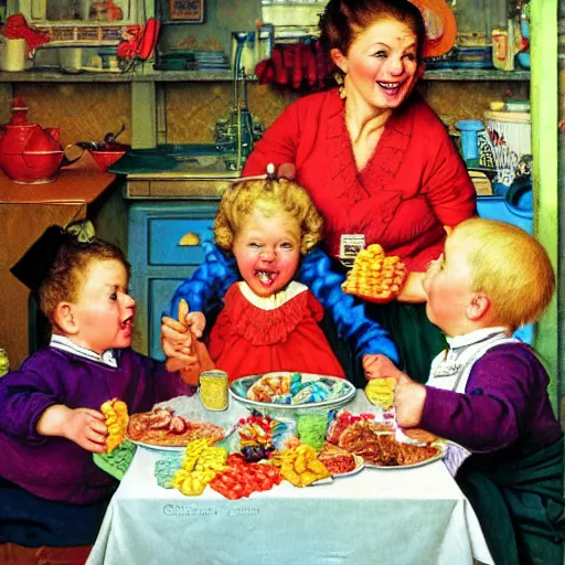 Prompt: hyper realistic hight detailed grandmother with a big mouth eating babies and gummi bears on the table in the russian kitchen, by norman rockwell, bright colors, 4 k, 1 6 k, 3 2 k, photorealistic, cartoon style