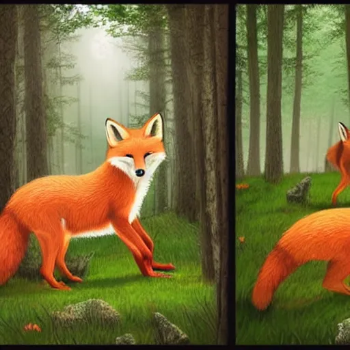 Image similar to a red fox and a ginger teen girl at dark forest where trees are huge, ultra realistic by ori toor and escher