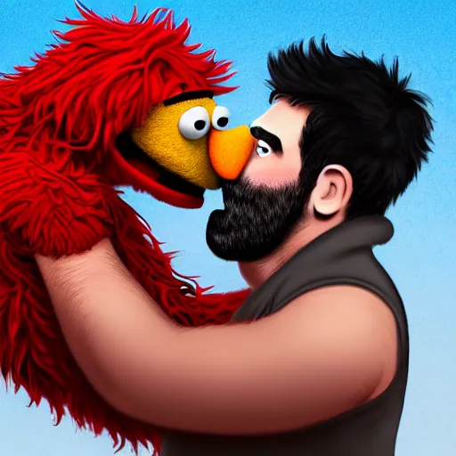 Image similar to a still of bert and elmo sharing a kiss, muppet character looking very manly and modern, hilarious, laughing, hairy chest, huge chin, manly monster tough guy, roughled fur, photo real, photographic, photograph, artstation, trending, featured