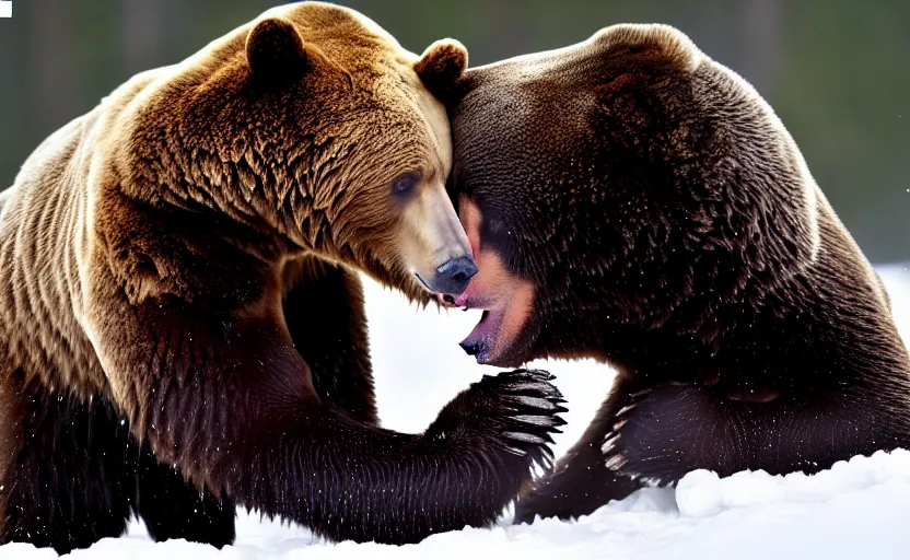 Image similar to vladimir putin kisses a bear, french kiss, lovely kiss, kiss mouth to mouth, romantic, emotional, love scene, insane details, clear face and eyes, textured, 8 k, professional photography, animal world, discovery channel