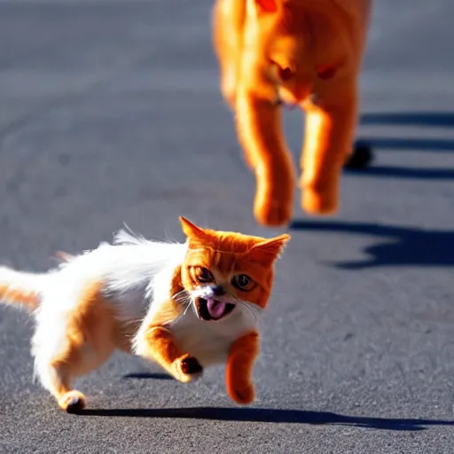 Prompt: a small dog being chased by a big fat orange cat