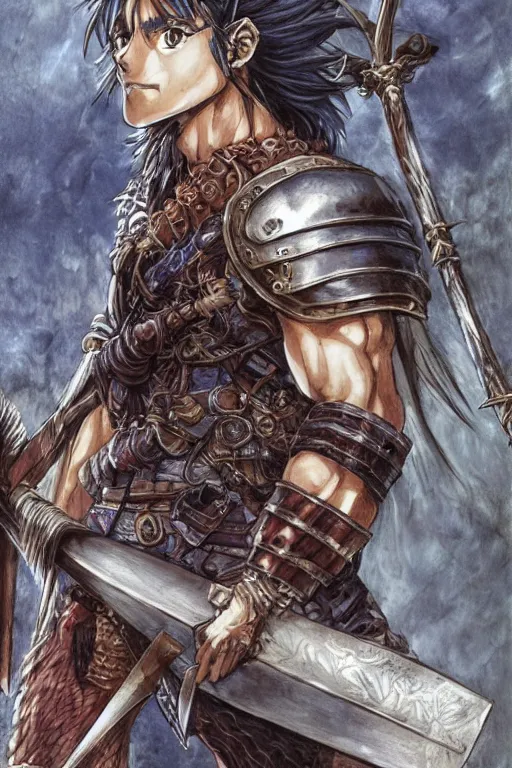 Image similar to A realistic anime portrait of a young handsome male barbarian with long wild hair, intricate fantasy spear, plated armor, D&D, dungeons and dragons, tabletop role playing game, rpg, jrpg, digital painting, by Yoshitaka Amano and Ayami Kojima and Akihiko Yoshida and Yusuke Murata and Kentaro Miura, concept art, highly detailed, promotional art, HD, digtial painting, trending on ArtStation, golden ratio, rule of thirds, SFW version
