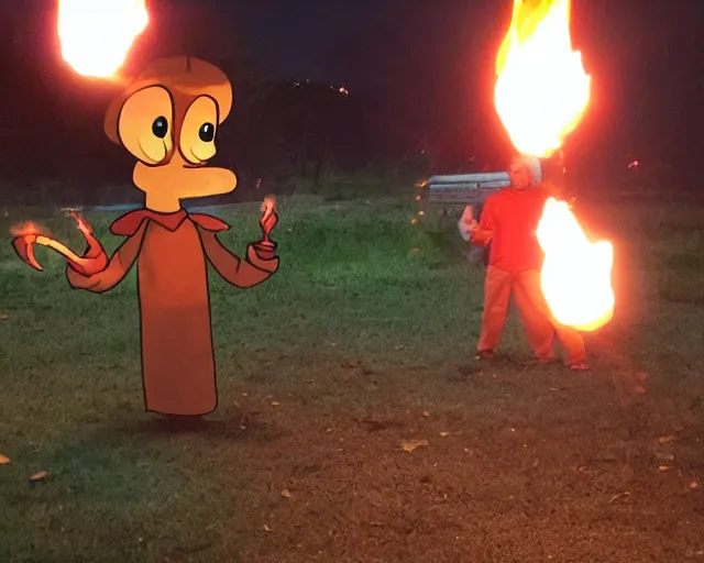 Image similar to squidward firebending outside at susnset