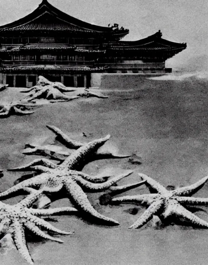 Image similar to a filmstill of a north korean monster movie, kaiju - eiga monster starfish - like trampling a traditional korean palace, kodachrome, film noir, dream - like, etheral, explosions, thriller, by akira kurosawa and wes anderson video compression