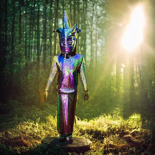 Prompt: wraith pagan wearing iridescent metallic dogon tribal mask standing in a clearing in the deep forest, rays of the sun, caustics, realistic, photography, photojournalism, national geographic photoshoot, inner glow, shimmer, sparkle, smoke, dust