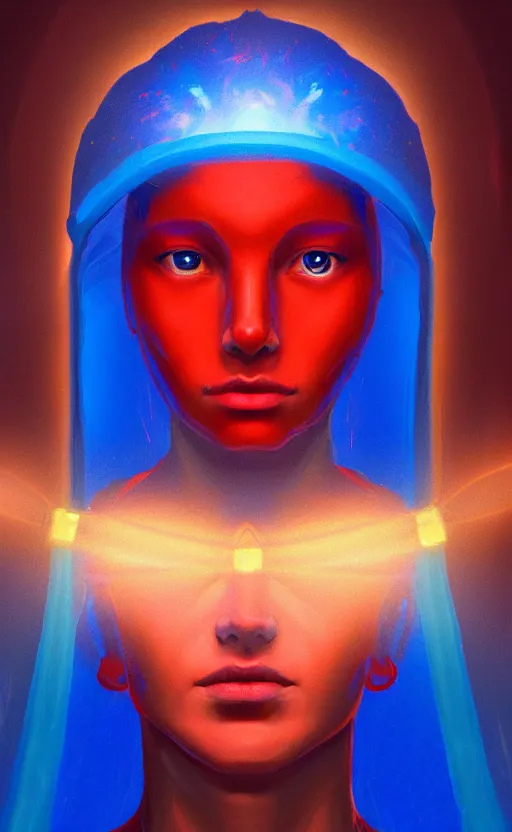 Prompt: a portrait of a young oracle with red face and blue body staring at us, symbolic painting, golden crown of light, art by aleksander brodzinski, trending on artstation