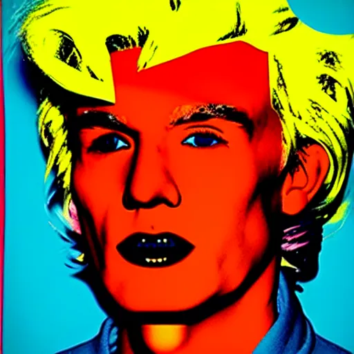 Image similar to colour portrait of angry andy warhol, 20 years old. andy's shoulders are visible in the frame. andy looks straight into the camera. in the style of andy warhol