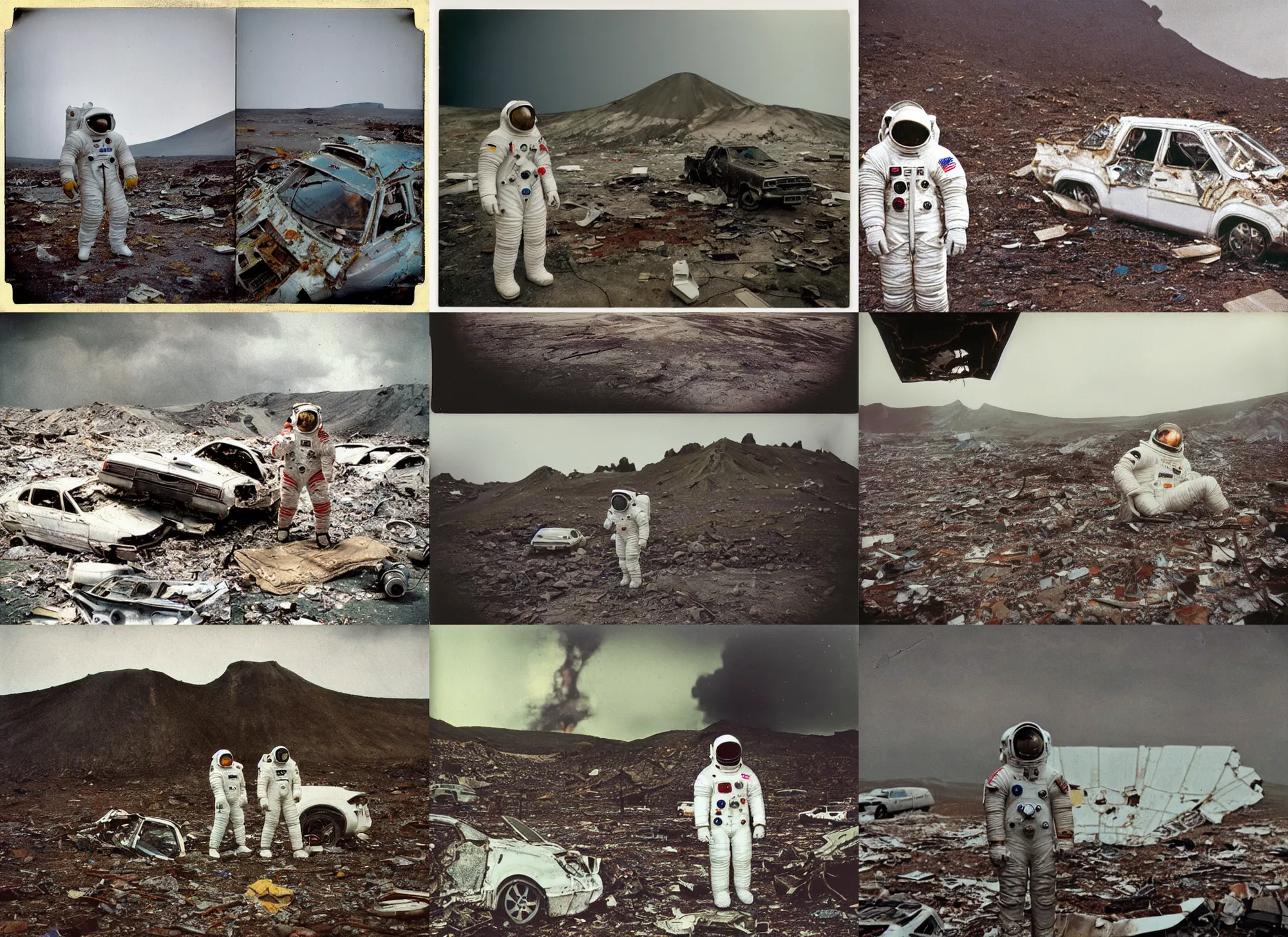 Prompt: faded photographs of american white spacesuit astronaut in postapocalyptic abandoned destroyed volcano crater, wrecked buildings, destroyed flipped wrecked cars, polaroid photo, vintage, neutral colors, rainy day, by gregory crewdson