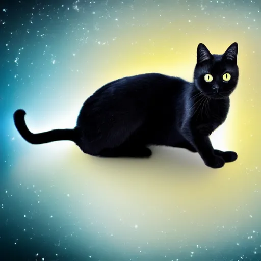 Image similar to black cat is floating in space, photo 4k