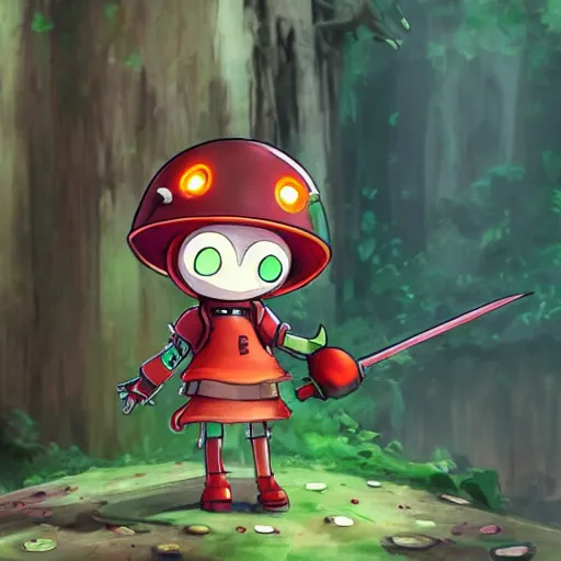 Image similar to cute little robot with tomato hat and a shive sword, made in abyss style, standing on a forest