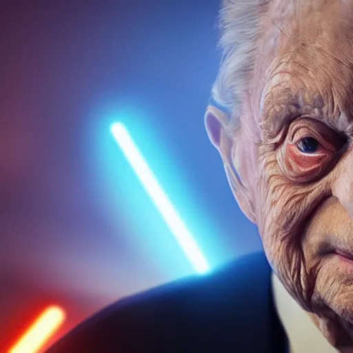 Image similar to Portrait of George Soros as darth sidious from starwars, splash art, movie still, cinematic lighting, dramatic, octane render, long lens, shallow depth of field, bokeh, anamorphic lens flare, 8k, hyper detailed, 35mm film grain