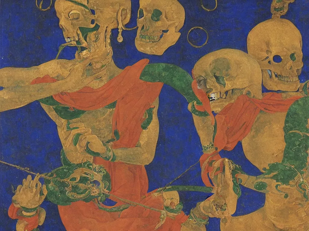 Prompt: Portrait of a Buddhist dancing deity with skull. Lapis Lazuli, malachite, cinnabar, gold. Painting by Piero della Francesca, Balthus, Agnes Pelton