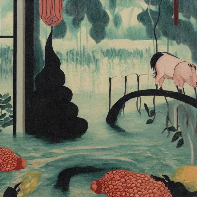Image similar to painting of flood waters inside an apartment, tall female emo art student, a river flooding indoors, pomegranates, pigs, ikebana, water, river, rapids, waterfall, black swans, canoe, berries, acrylic on canvas, surrealist, by magritte and monet