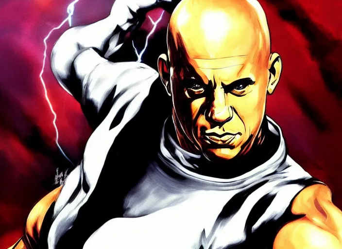 Prompt: landscape, long shot of distant vin diesel as saitama! punching!!! a car!!!!!! into space, hyperrealism, trending on artstation